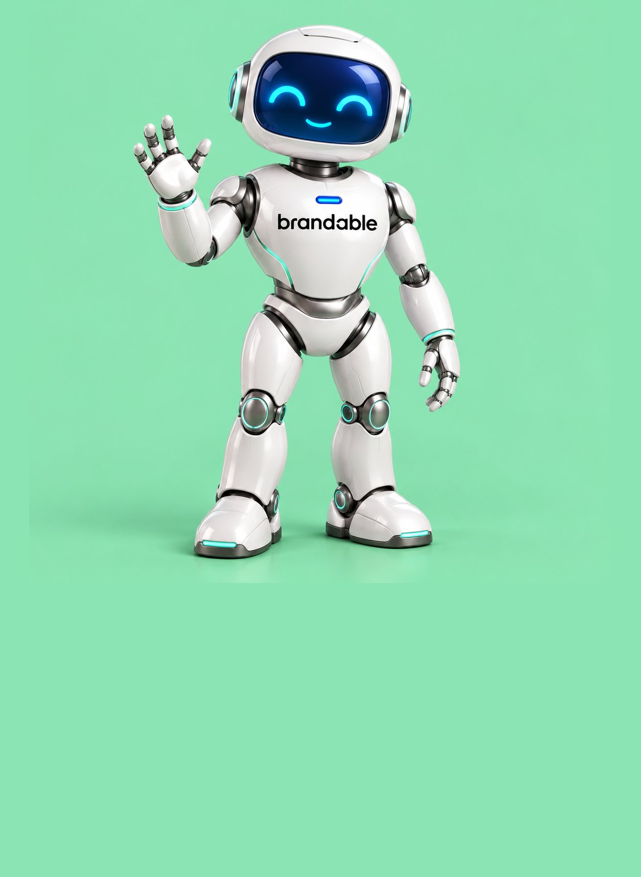 A friendly white robot badged Brandable, waving, on green
