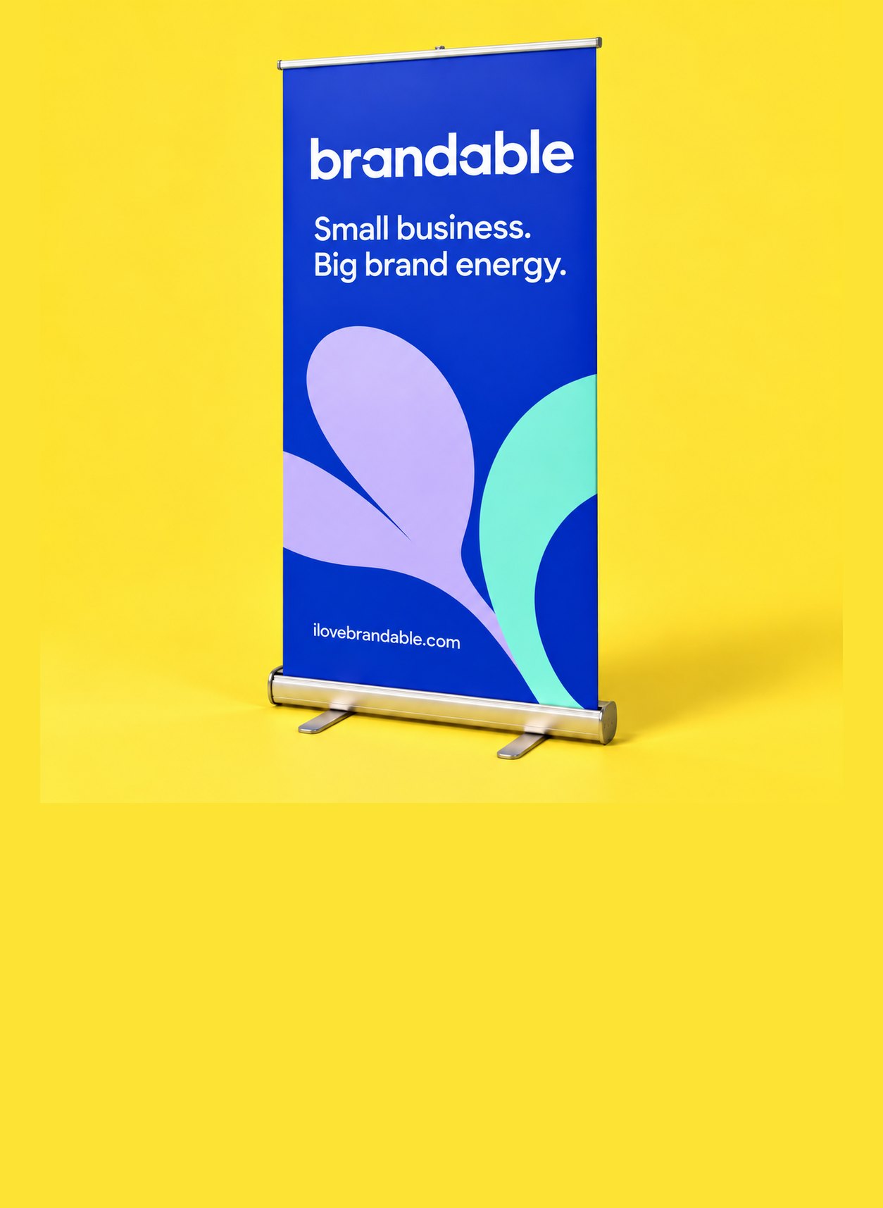 A cobalt retractable roll-up banner standing against yellow