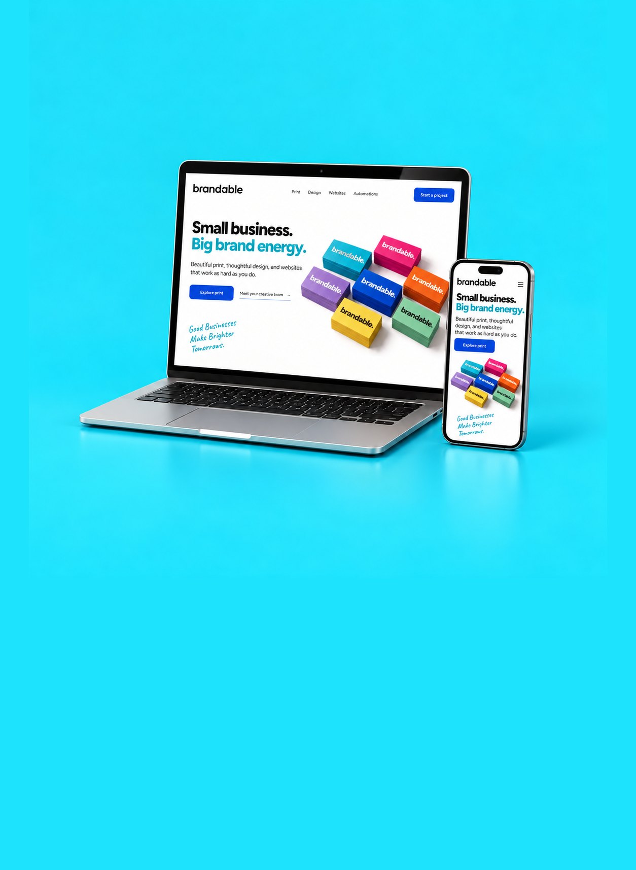 The Brandable site shown on a laptop and phone against cyan