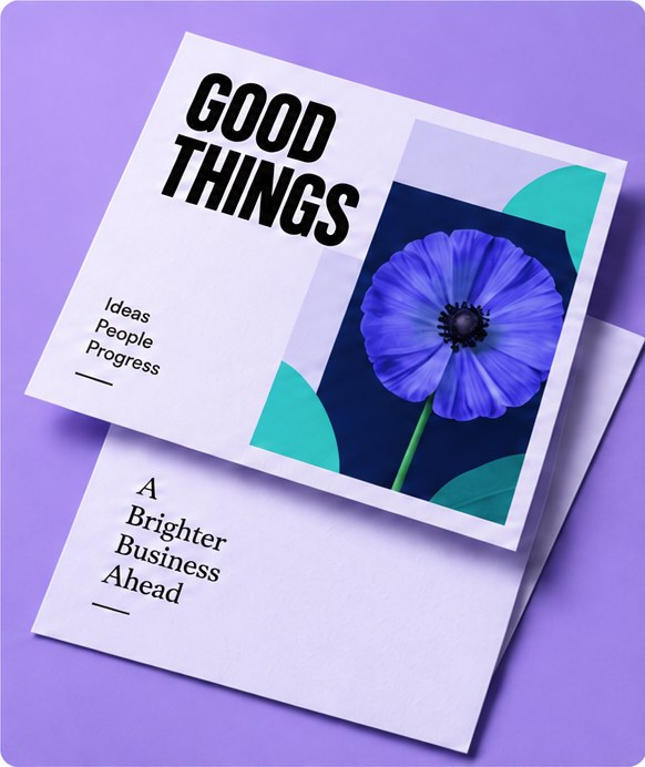 Lavender postcards printed with bold Good Things artwork and a violet flower
