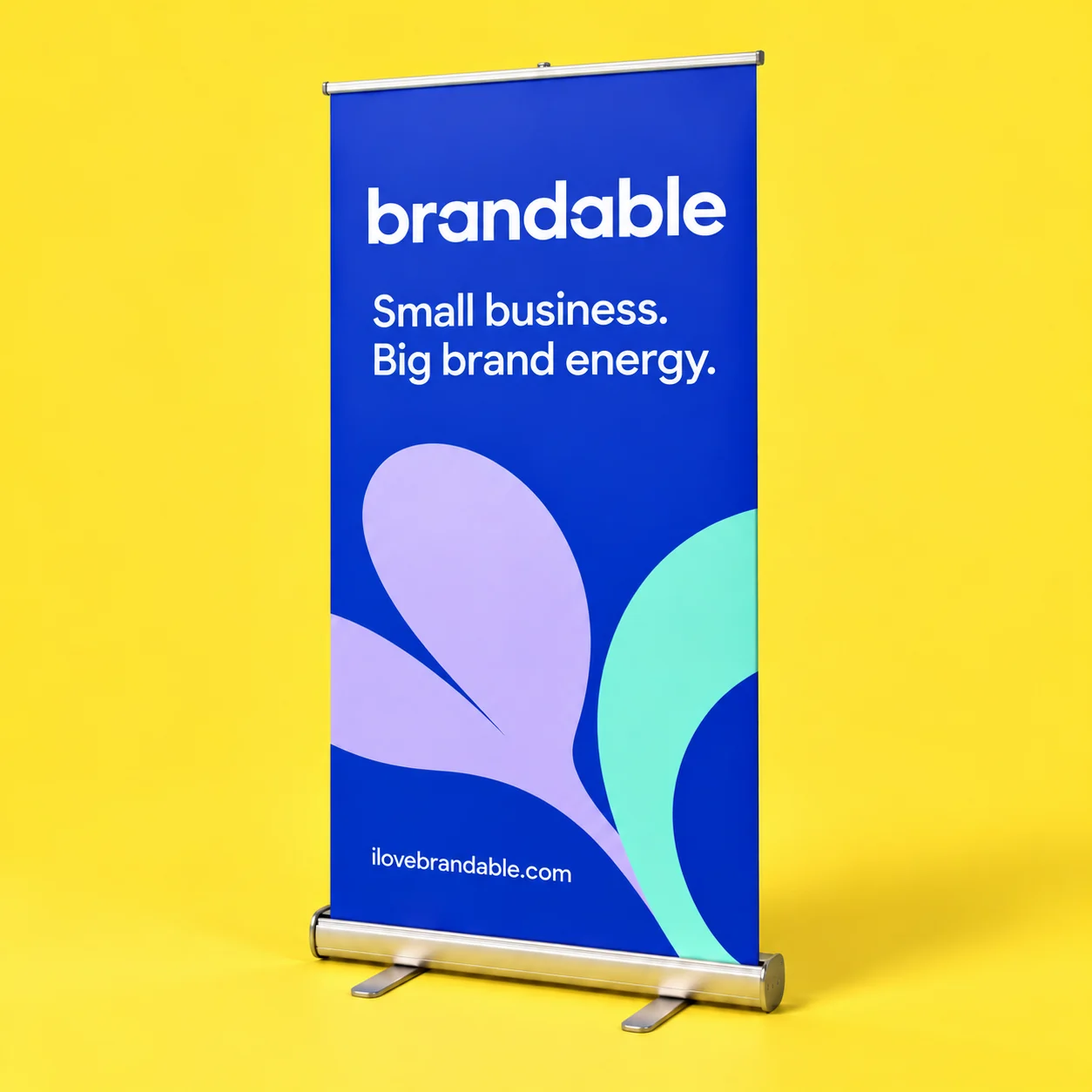 A Brandable retractable banner and display on a yellow background
